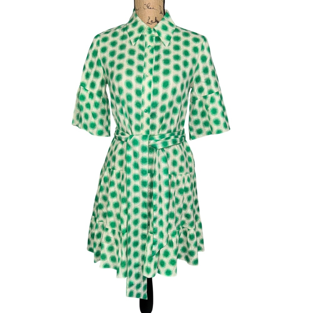 DVF Green Beata Gathered Printed Mini Shirt Dress XS Belted Green White Tiered